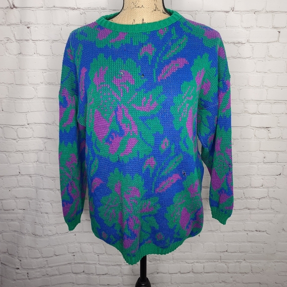80s Vintage Pastel Pink Heather Grey Abstract Art Grandma Pullover Sweater